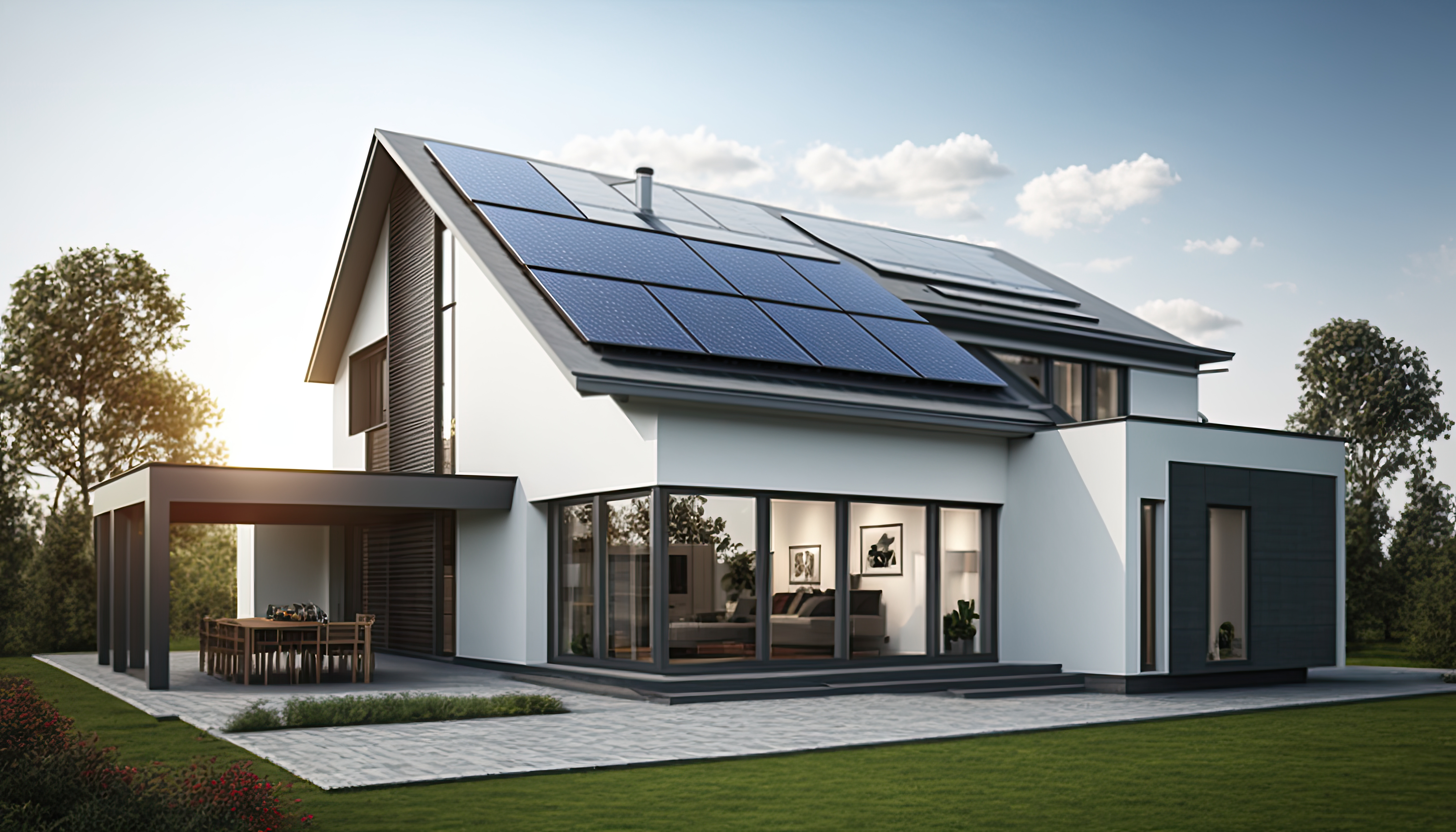 Solar panels on the roof of a beautiful modern home. Generative ai